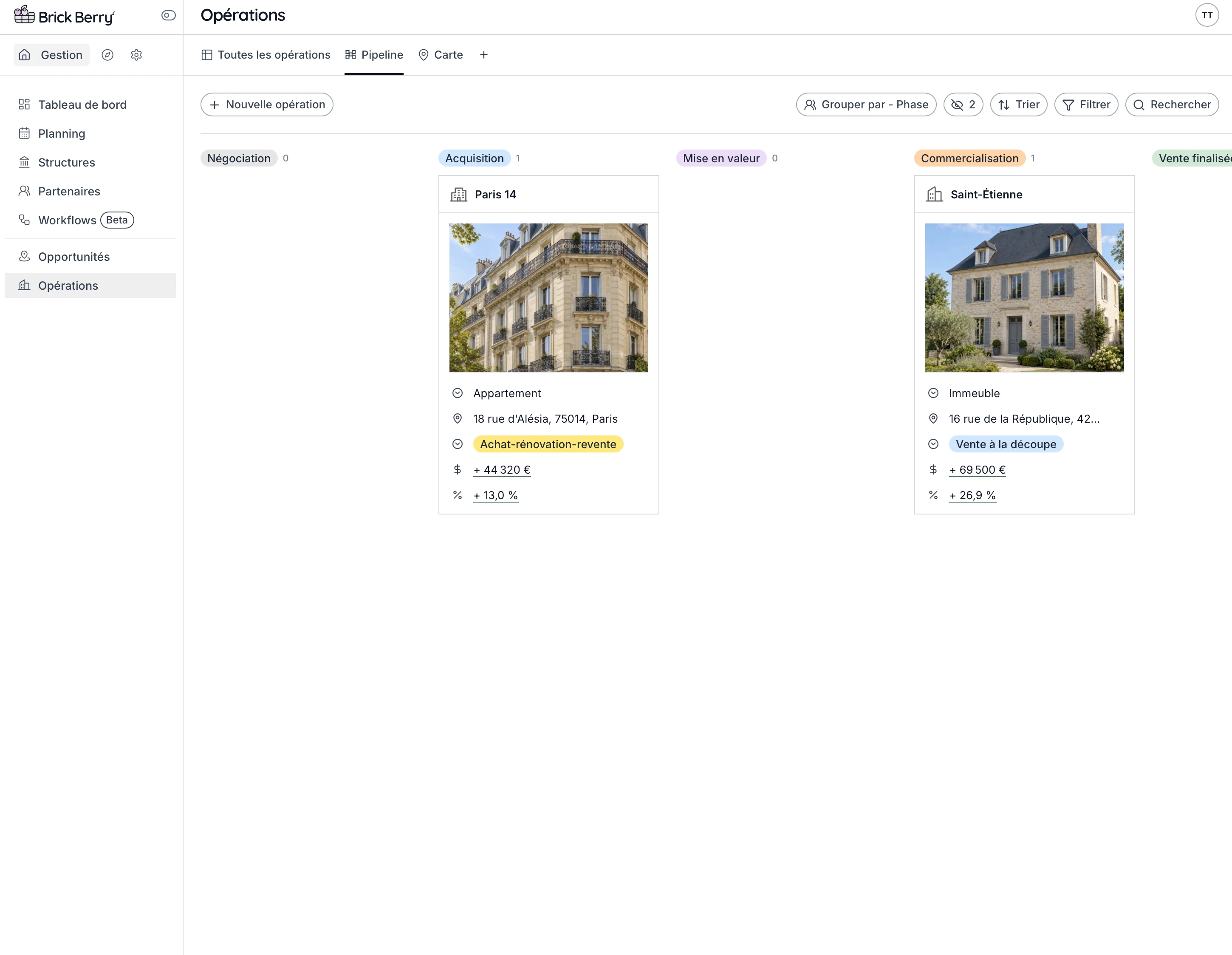 Vue du pipeline des opérations dans BrickBerry